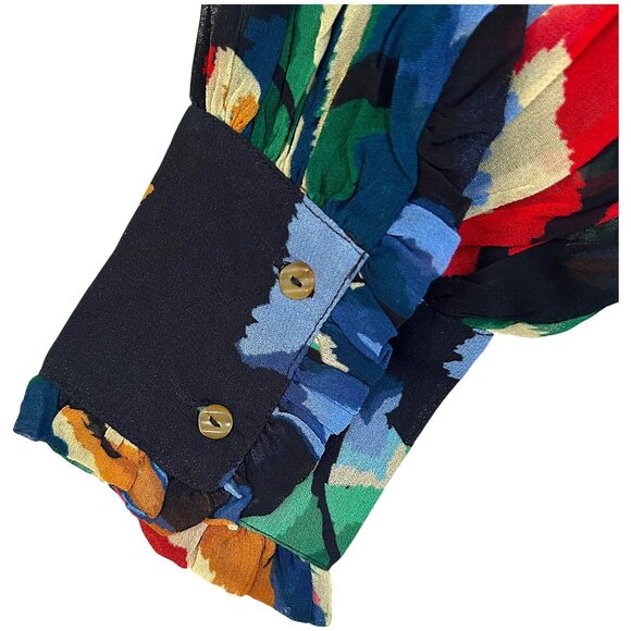 Farm Rio Smocked Ruffle Blouse Black Multi Long Sleeve S - Picture 10 of 13